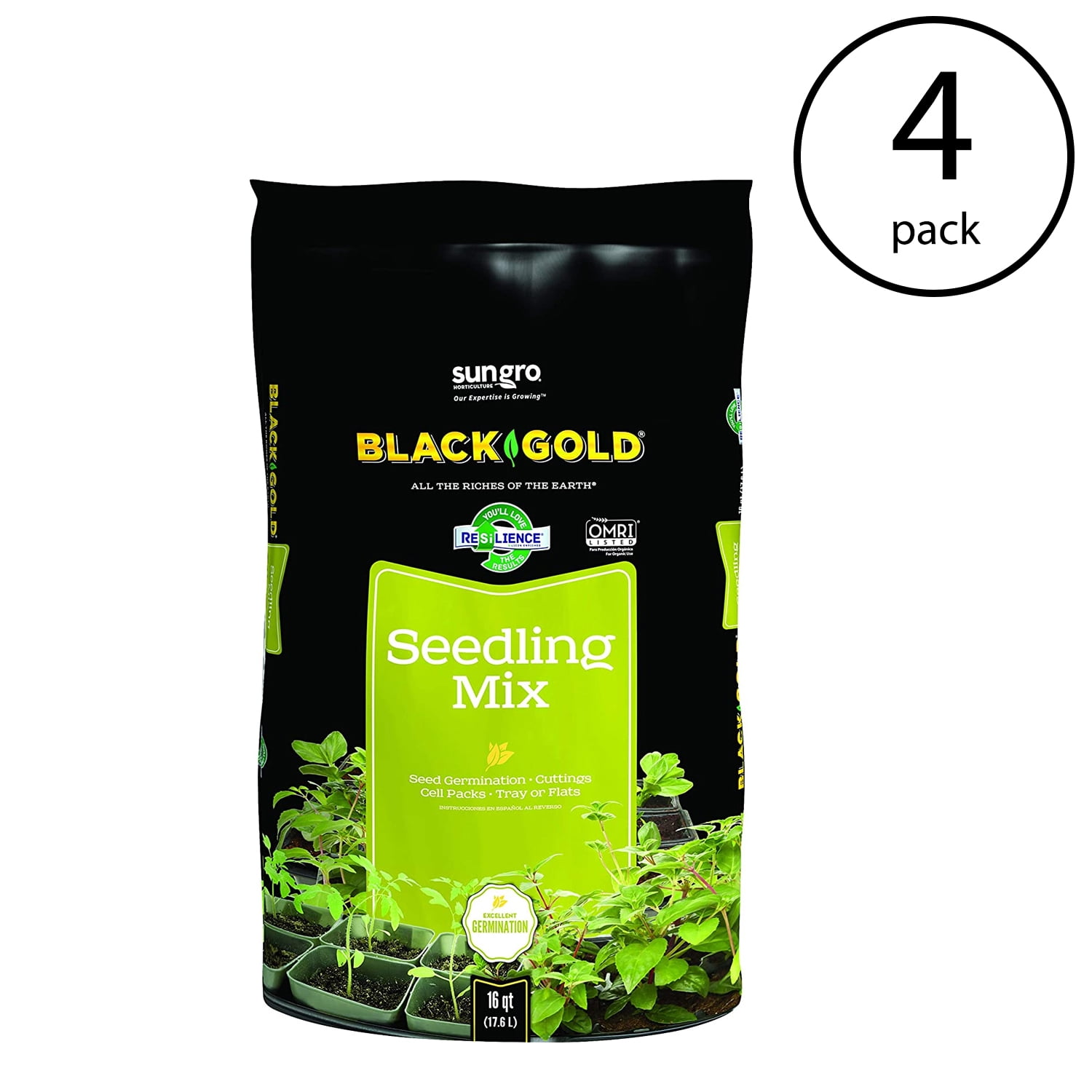 SunGro Black Gold Seeds or Cutting Seedling Germination Mix, 16 Quart (4 Pack)