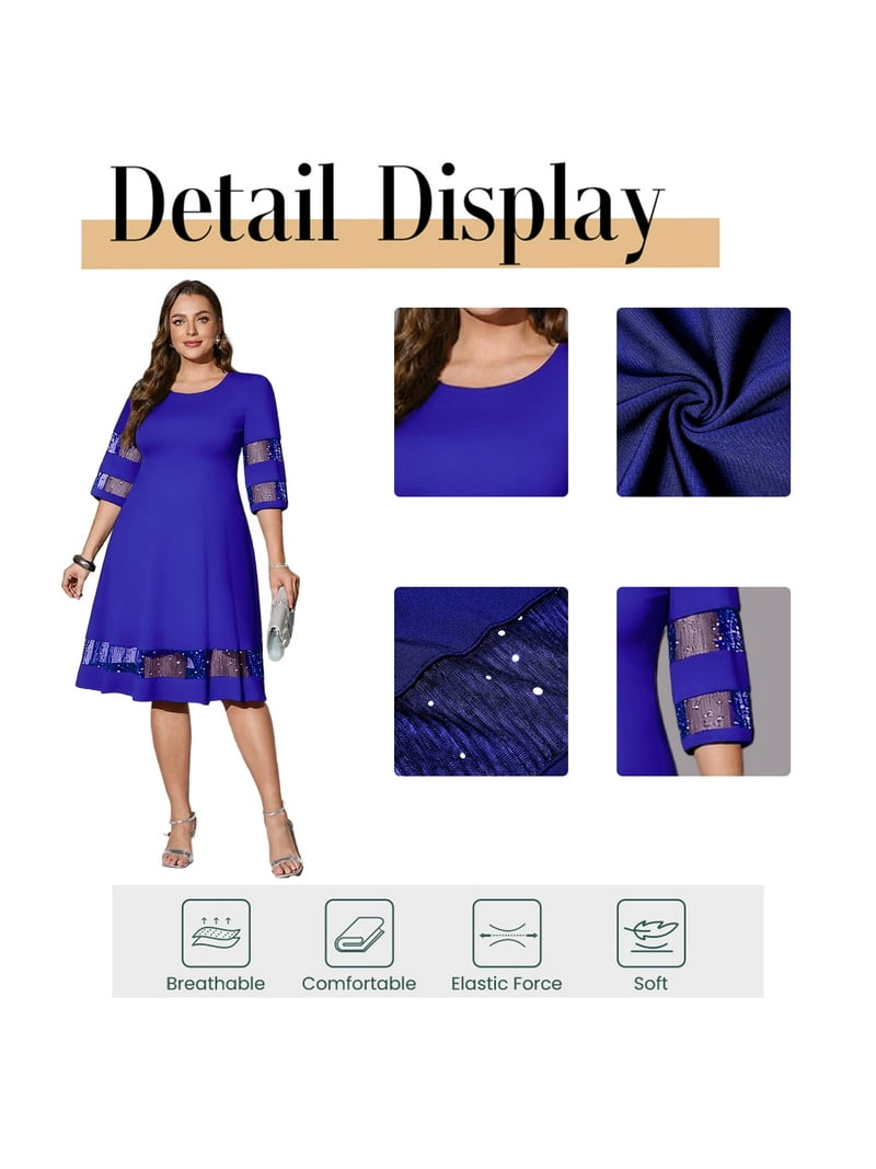 Cuteduck Women's Plus Size Casual Round-neck 3/4 Sleeve Fall Loose A-Line  Shimmering Party Holiday Dress 1X-4X - Walmart.com