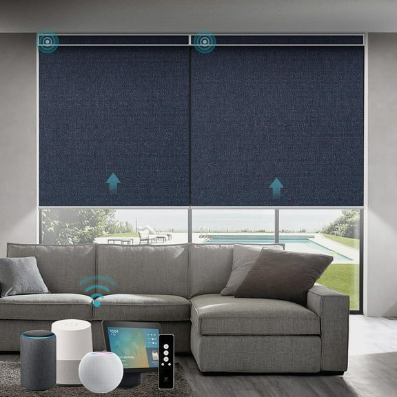 EnjinZZ Motorized Roller Blinds Work with Matter Homekit Z-Wave Thread Alexa Google, 100% Blackout Smart Window Shades for Bedroom, Cordless Remote Control Customized 16"-110" W, Eclipse Denim