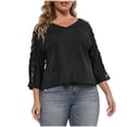 thumbnail image 3 of Hesxuno Women's Plus Size Solid T-Shirts Hollow 3/4 Sleeve Shirts Loose Fit V Neck Cropped Tops Casual Elegant Travel Summer Tees Black, 3 of 7