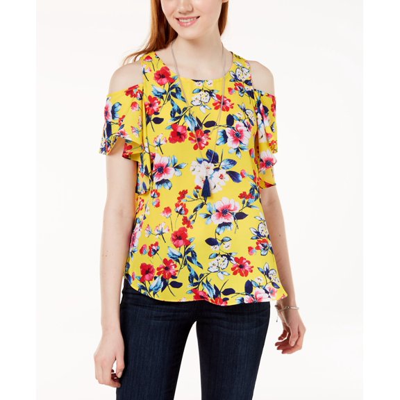 Bcx Juniors Printed Cold Shoulder Necklace Top Yellow Island Floral 2XS