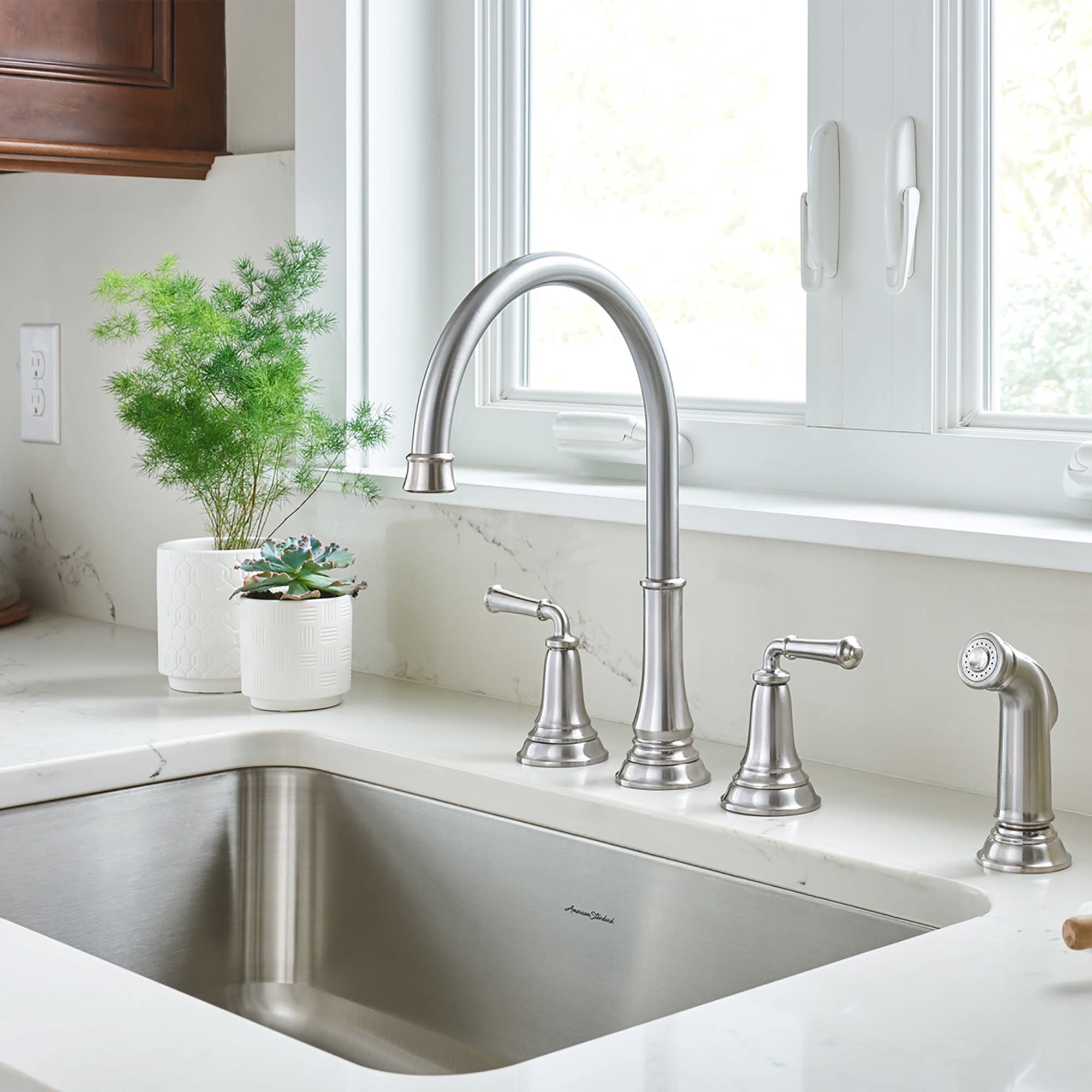 American Standard 4279701.GN0 Delancey Double Handle Widespread Kitchen Faucet - Brushed