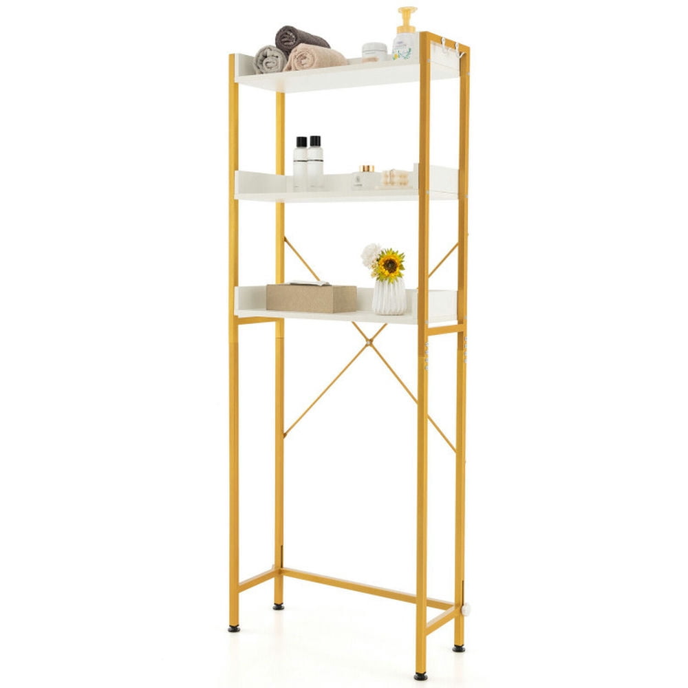 Finihen Toilet Storage Rack, Toilet Storage Shelf, Over The Toilet Storage Rack with Hooks and Adjustable Bottom Bar, for Bathroom, White