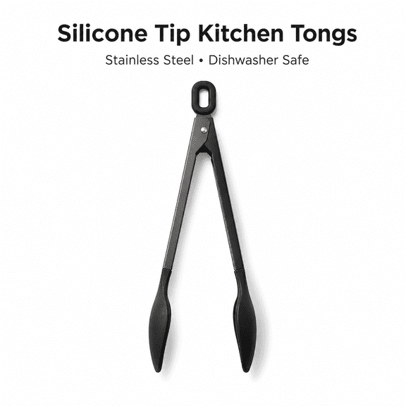 9-Inch Matte Black Stainless Steel Tongs with Heat-Resistant Silicone Scalloped Tips, Non-Scratch Locking Cooking Tongs for Grilling, Flipping, Tossing, and Serving Salads, Ergonomic Soft-Grip Handle