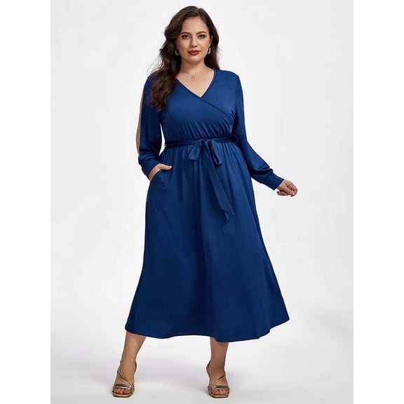 CurveSoul Plus Size Crisscross V-Neck Hollow Out Lantern Sleeve Pocket Tie Front Maxi Dress