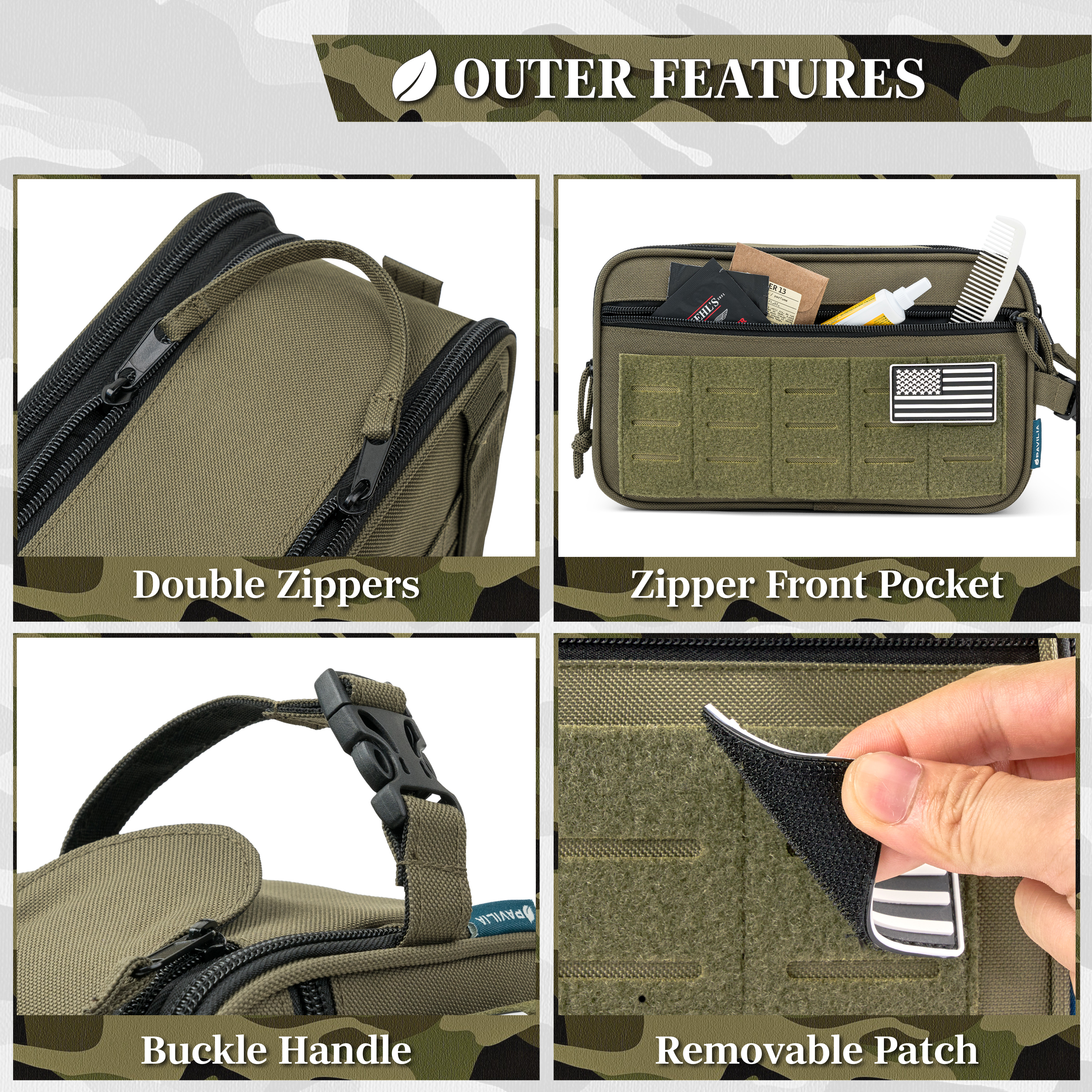Pavilia Extra Large Tactical Toiletry Bag for Men, Hygiene Travel Bag, Military Dopp Kit, Water Resistant Molle Pouch, Mens Shaving Grooming Essentials, Bathroom Shower Small Organizer Case, Olive