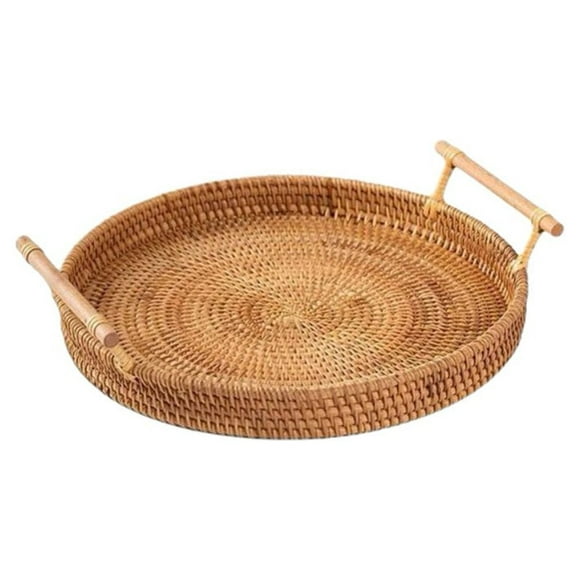 Rattan Storage Tray with Wooden Handle  Handwoven Wicker Basket Bread Food Plate Fruit Tea Cake Platter Dinner Serving Tray A1 22X3.5cm