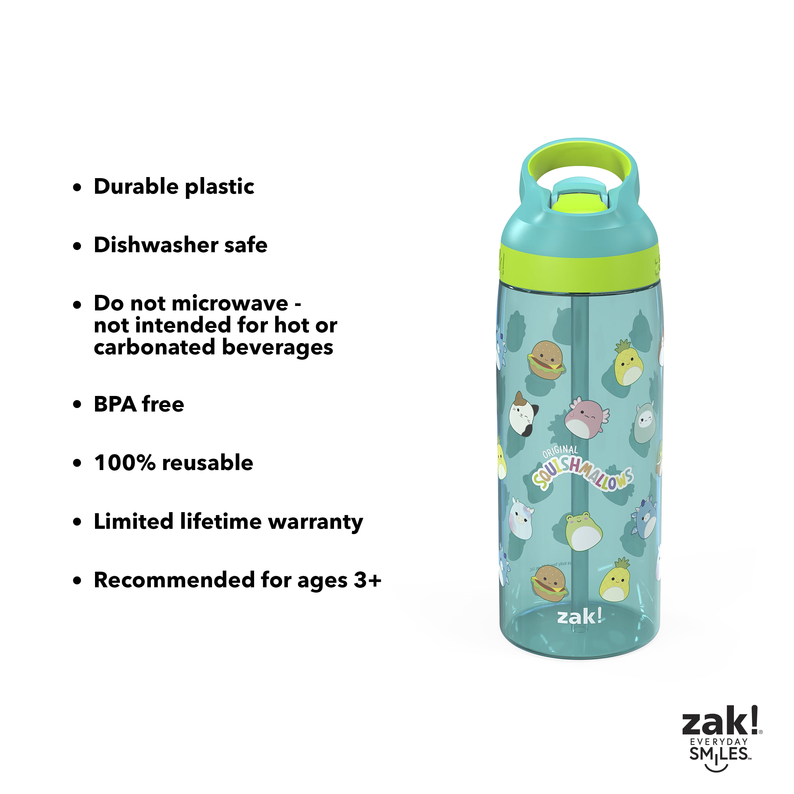 Zak Designs 25oz Squishmallows Kids Straw Water Bottle, Durable Plastic Park Bottle with Easy-Open Locking Spout Cover for Travel, Built-In Carry Handle, Teal
