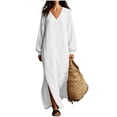 thumbnail image 3 of Maxi Dress for Women Solid Color Cotton Linen Long Sleeve Side Slit Loose Dress for Casual & Party Wear, 3 of 7
