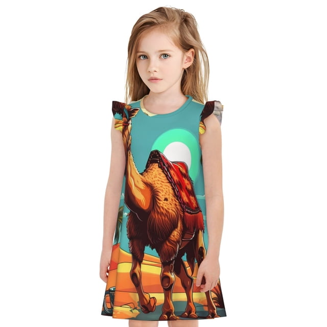 Fotbe Cool Camel Oasis Vibes Vestido de Dormir para Niñas de 3 a 10 Años, Mangas Cortas, Estilo Princesa, Pijama Camisón con Mangas Voladas-Small