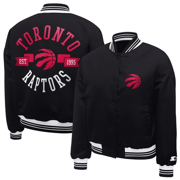 Women's Starter  Black Toronto Raptors Printed Logo Cropped Satin Varsity Full-Snap Jacket