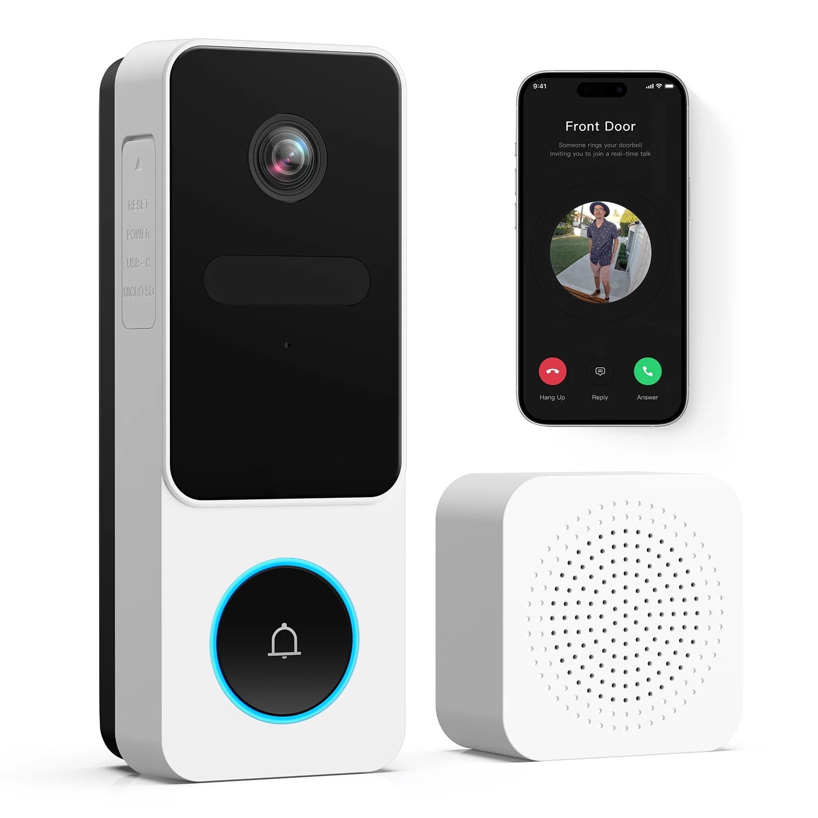 AOSU 2K /3MP Wireless Doorbell Camera with Chime, Head-to