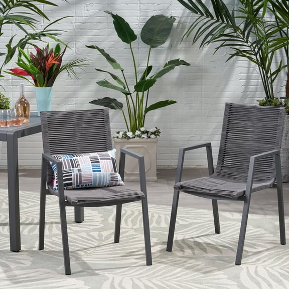 Outdoor Dining Chairs Set of 2, Modern Aluminum Rope Seat | Gray Dark Grey
