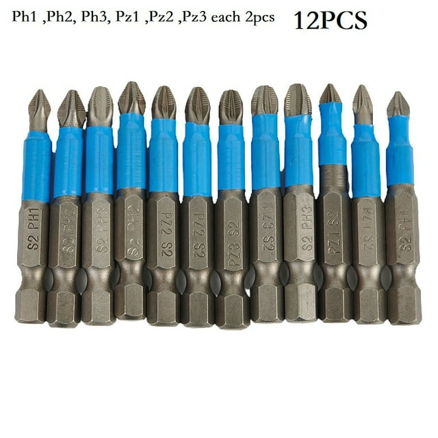 12Pcs 50Mm Magnetic Anti-Slip Screwdriver Bits Ph1 Pz1 Ph2 Pz2 Ph3 Pz3