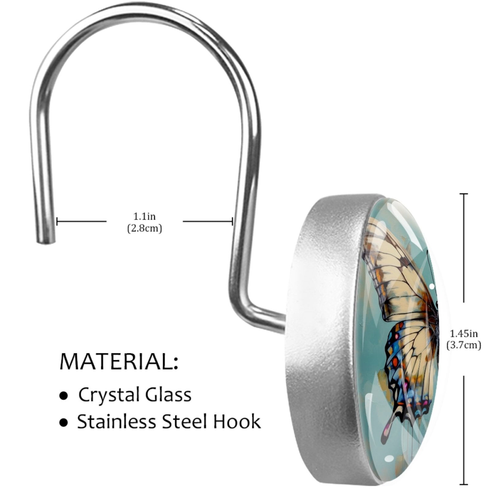 HemaKayy 12 Pcs Decorative Shower Curtain Hooks - Rust Proof Stainless Steel | Easy Installation and Glide | Ideal for Home, Bathroom and Bedroom Décor - White Butterfly Blue Gradient Painting