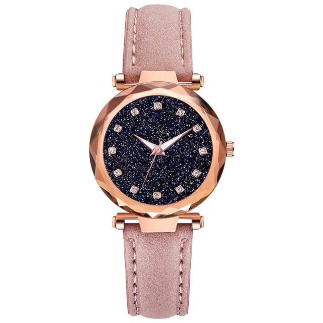 Reloj de cuarzo con correa de cuero PU para mujer a la moda, reloj con diamantes de imitación y esfera de cielo estrellado (rosa)