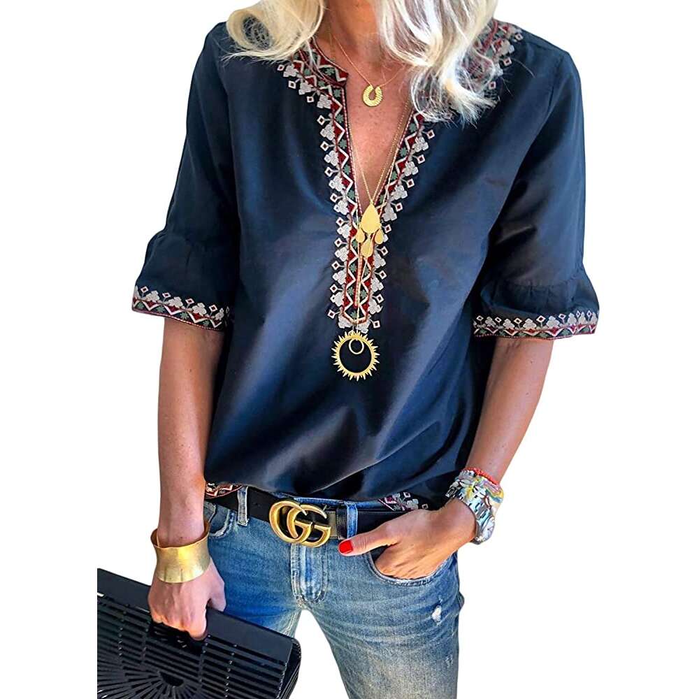 Selm Women V eck Boho Embroidered Shirt 