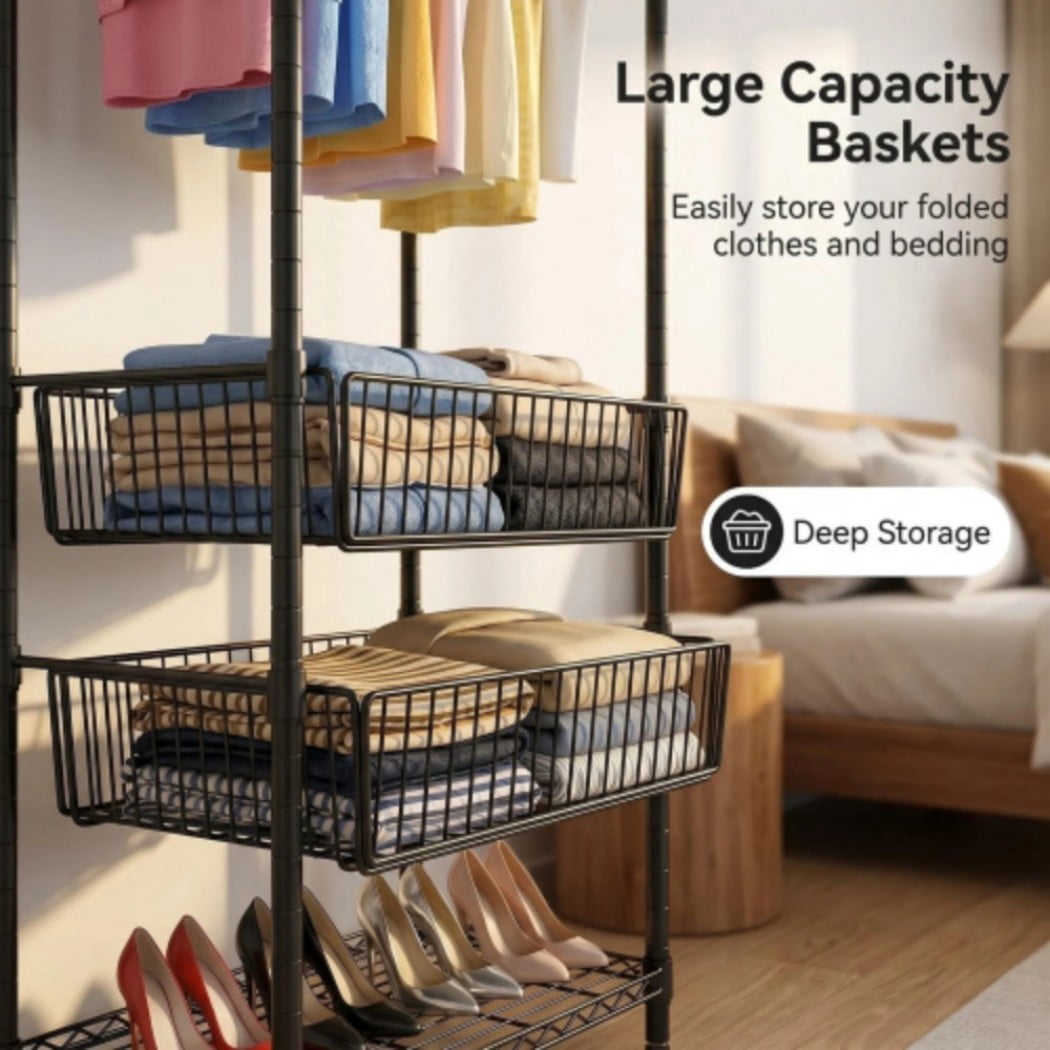 Heavy Duty Clothes Rack, Freestanding Garment Rack with 4 Hanging Rods, 6 Adjustable Wire Shelves & 2 Storage Baskets, Large Clothing Organizer, 68.5" W, Black