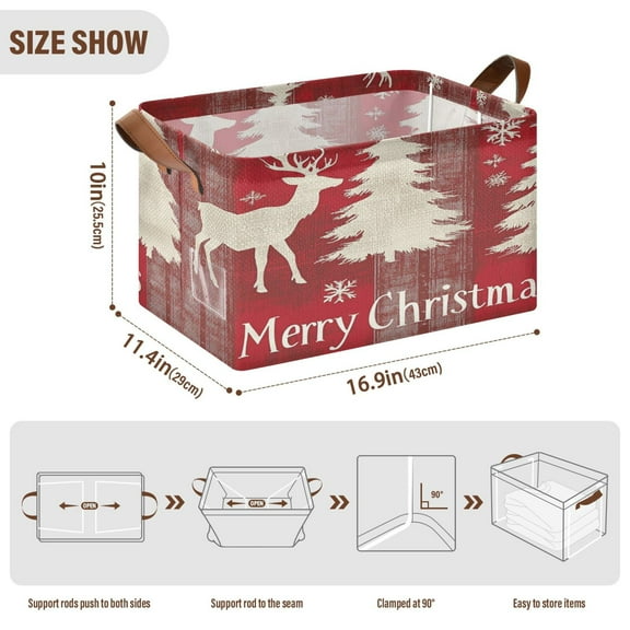 BZSMCE Collapsible Fabric Cube Storage Bins Adorable Red Reindeer and Tree Design Pattern Storage Box