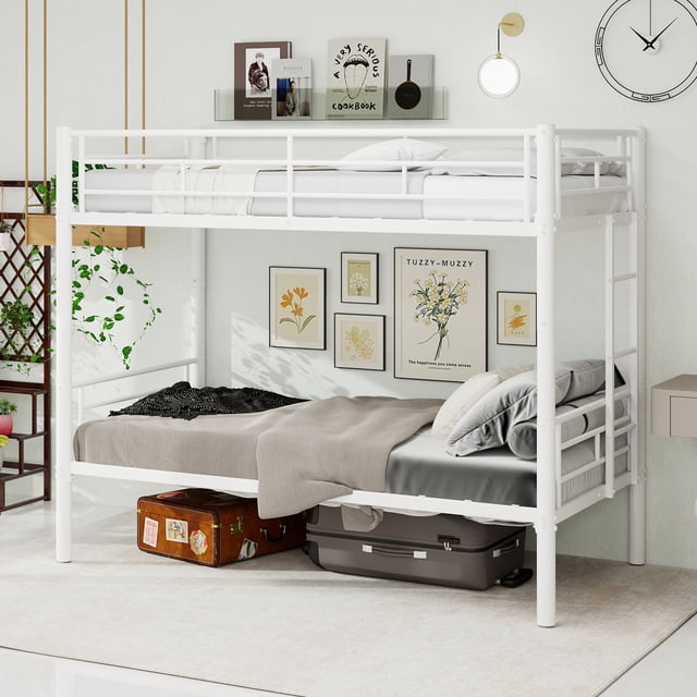 Morufur Échelle de Lit Superposé Simple sur Simple et Garde-Corps, Cadre de Lit Robuste pour Chambre, Réduit le Bruit/aucun Sommier Requis, Blanc
