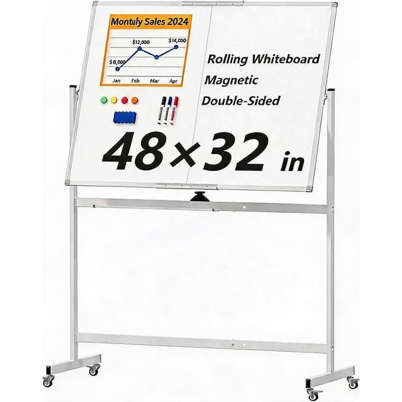 GOCAPTAIN Double-Sided Magnetic Whiteboard on Wheels Mobile Dry Erase Board – Height Adjustable Easel with Easy Clean Surface & Rolling Stand – for Office, School, Home – White, 48"×32"