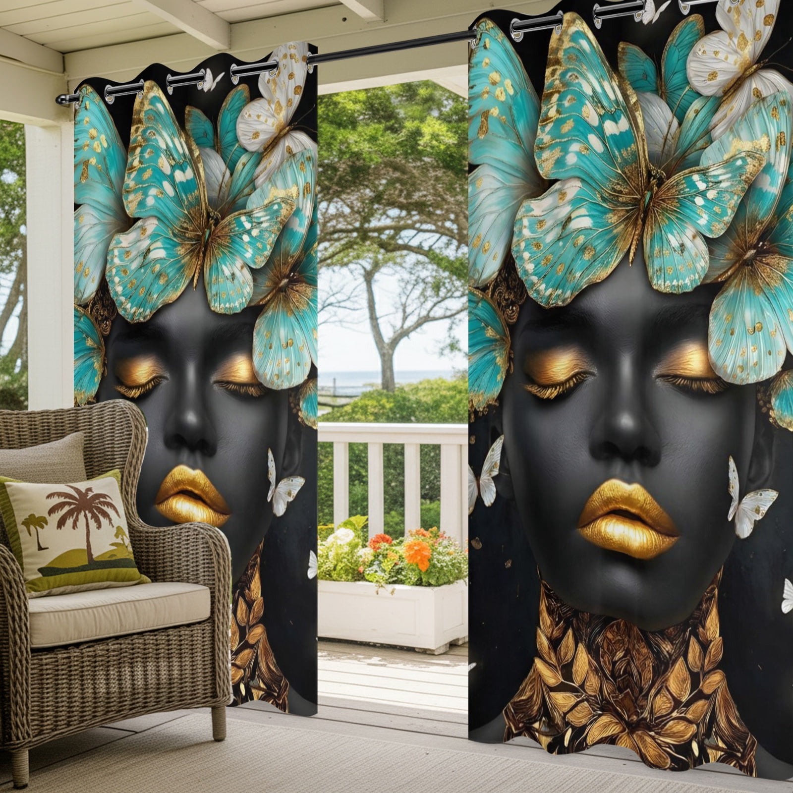 African American Outdoor Curtains for Patio, Woman Portrait Butterfly Luxury Sunshade Privacy Drapes Grommet Waterproof Outside Curtains for Porch/Cabana/Balcony 54"x 108", 1 Panel