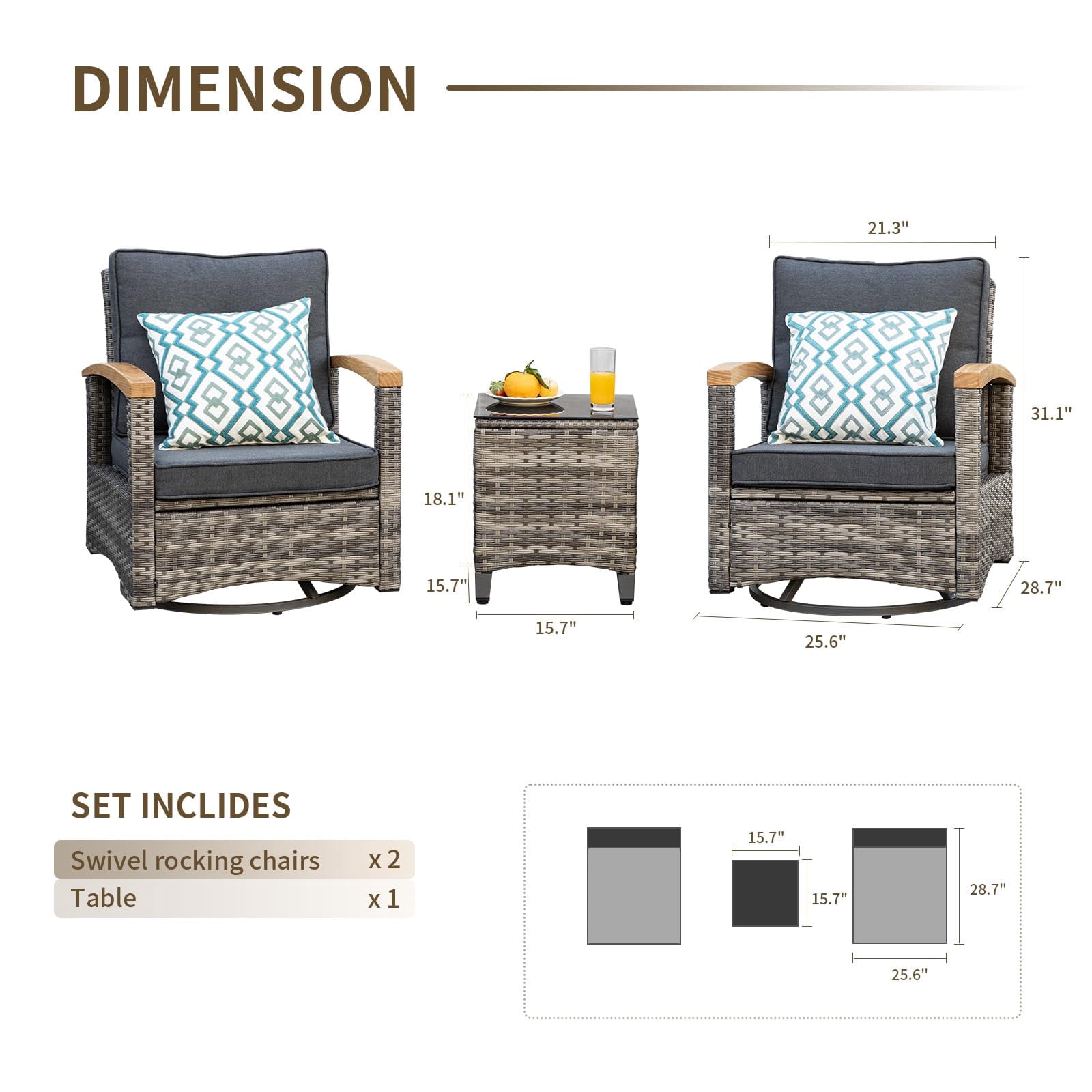 MEISSALIVVE 3 Pieces Outdoor Swivel Rocker, Patio Furniture Bistro Set with 360° Wood Armrests Swivel Rock Chairs and Side Table(Gray)