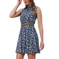 thumbnail image 4 of Vestido sin mangas de longitud a la rodilla con media abertura y cinturón para mujer, estampado floral, L azul, 4 of 5