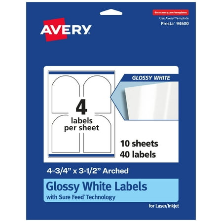 UPC: 0194793906158 | Avery Glossy White Arched Labels with Sure Feed  4.75  x 3.5   40 Glossy White Labels  Print-to-the-Edge  Permanent Label Adhesive  Laser/Inkjet Printable Labels