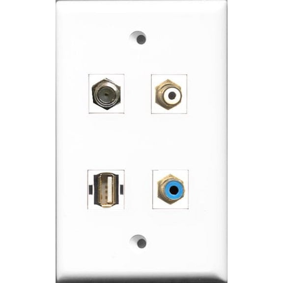 RiteAV 1 Port RCA White and 1 Port RCA Blue and 1 Port Coax Cable TV- F-Type and 1 Port USB A-A Wall Plate