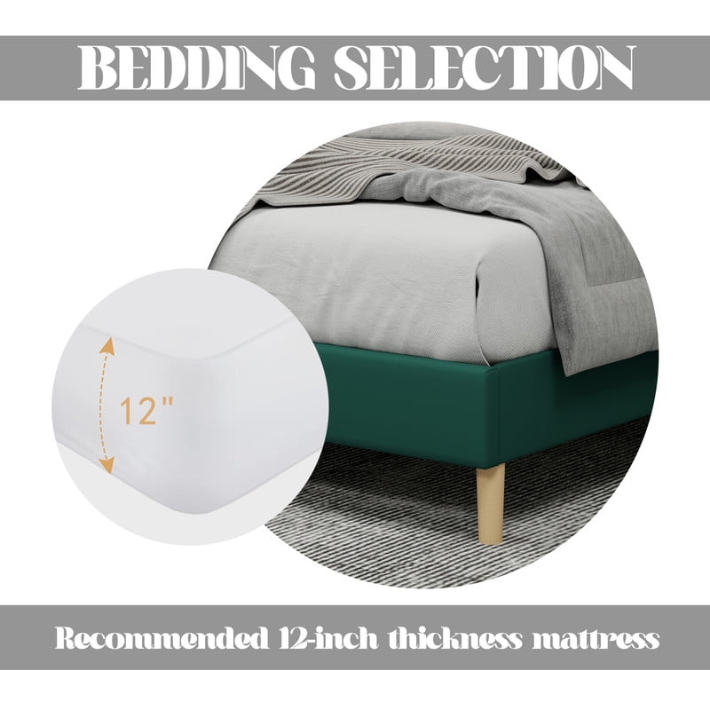 Pillfn Upholstered Platform King Size Bed Frame with Headboard Wooden Slats Support,Green