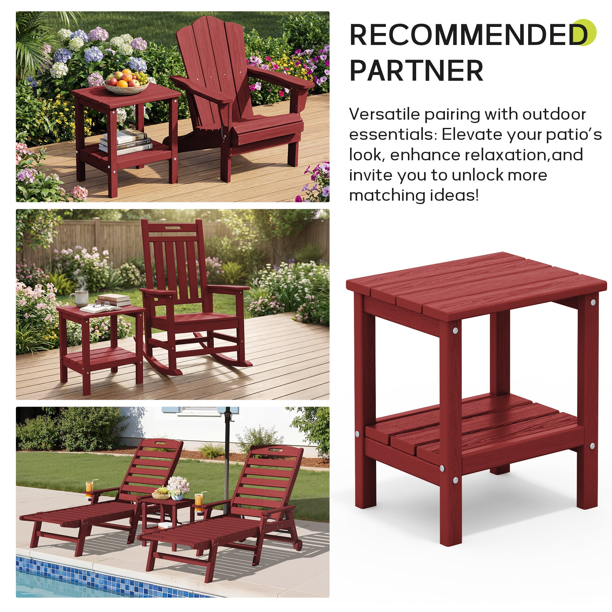 FUNDAZE HDPE 2-Layer End Table for Living Room, Outdoor Side Table, Patio Small End Table, Dark Red