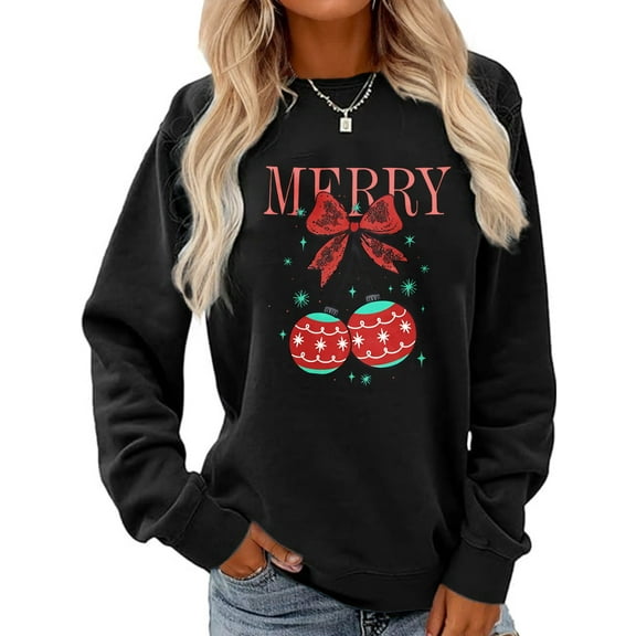 Woman Christmas Sweatshirt Christmas Gift Graphic Shirt Casual Loose Long Sleeve Black Top