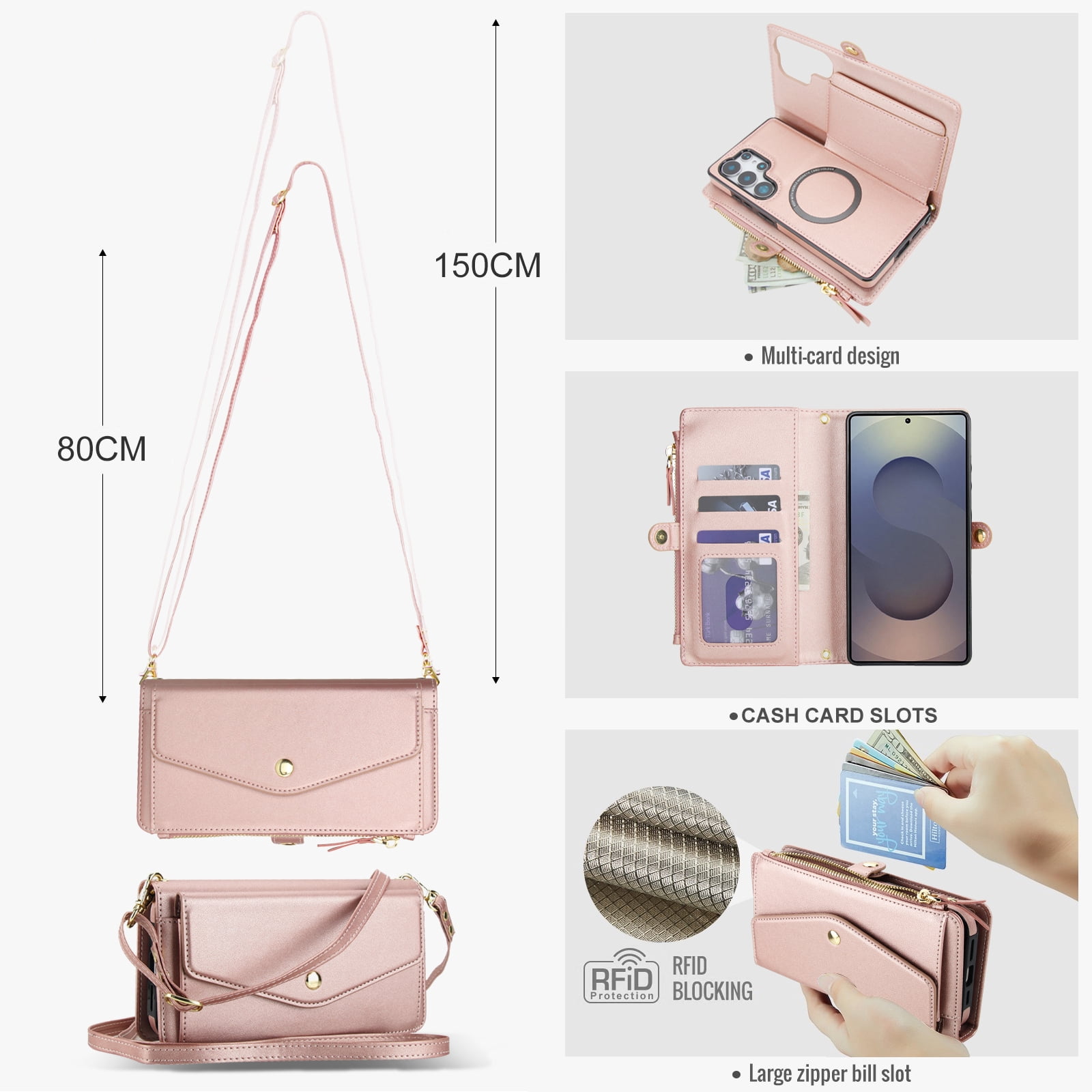 Designed for Samsung Galaxy S25 Ultra Multi-Function Wallet Phone Case,With Shoulder Strap&Wrist Strap,Cash Pocket&Card Slots,Zipper Purse,Magnetic Detachable PU Leather Flip Phone Case,Rosegold