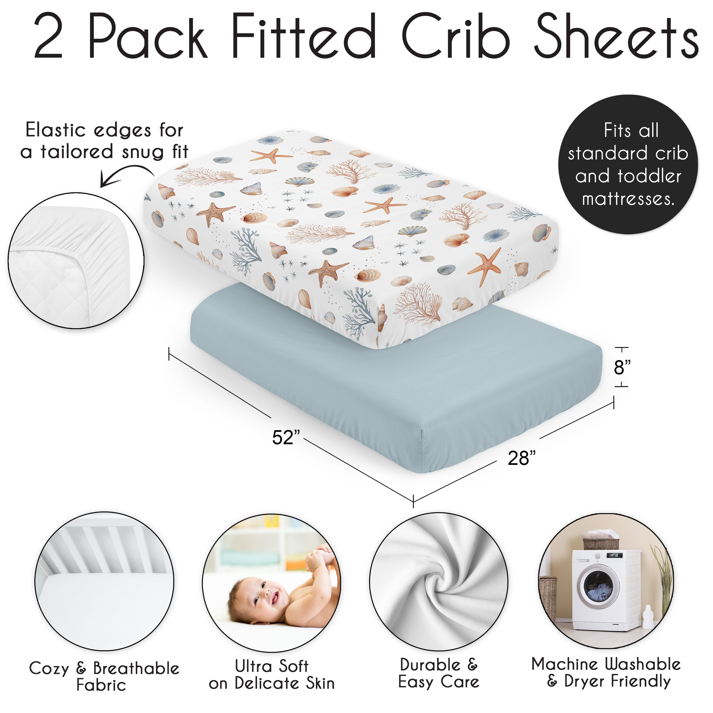 Sweet Jojo Designs Ocean Seashells Boy, Girl, Unisex/Gender Neutral Fitted Crib Sheets Set 2 Piece