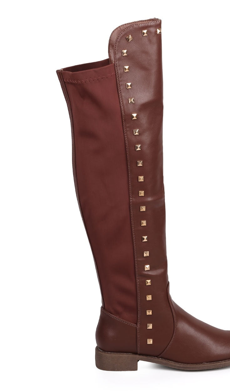 New Women Liliana Troy-2 Mix Media Over the Knee Stud Stretch Riding Boot Size 