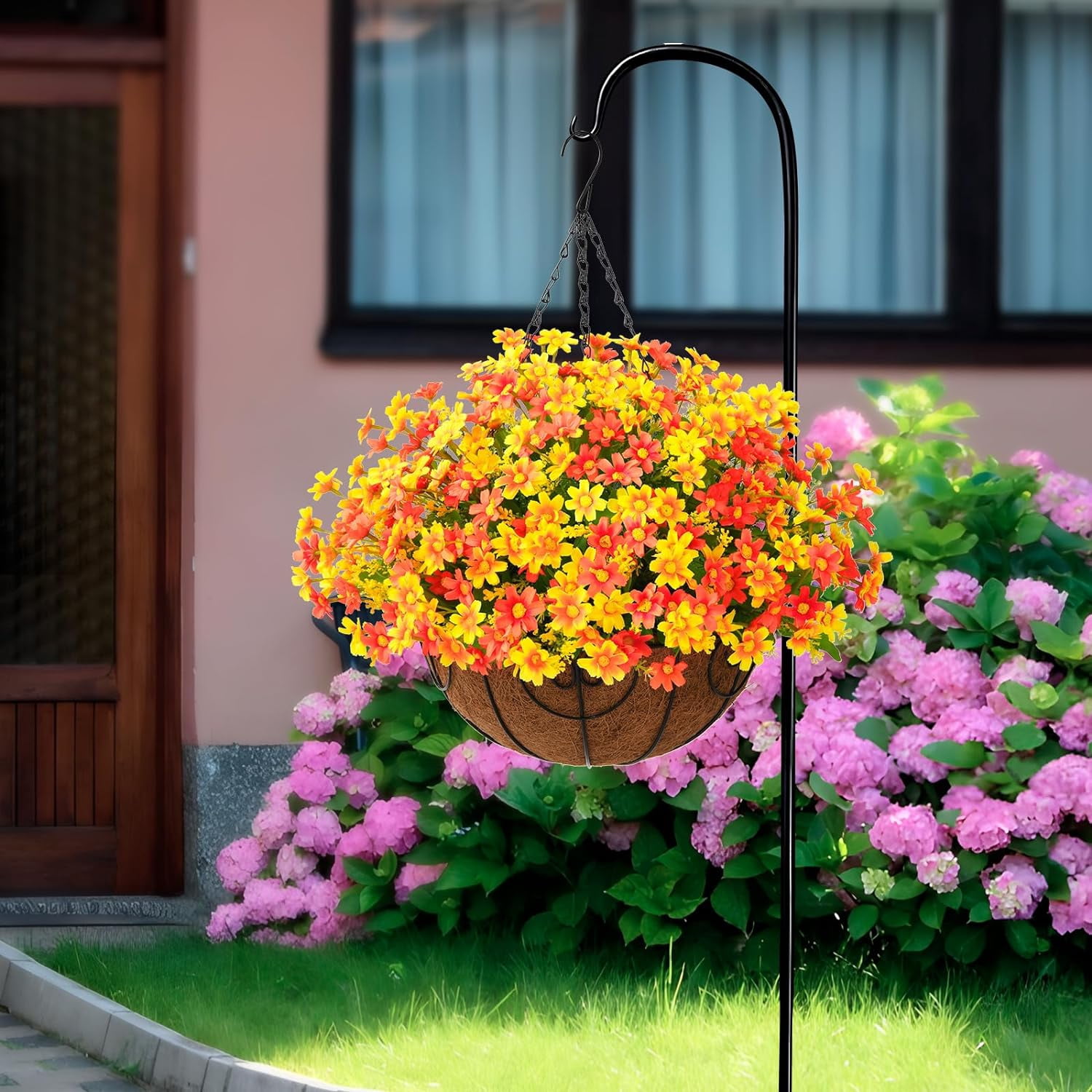 Artificial Hanging Flowers in Basket,Fake Daisy Plants Arrangement,inch Coconut Lining Basket Hanging Plant,Outdoor Indoor Patio Lawn Garden Porch Spring Decor (Dark Purple)