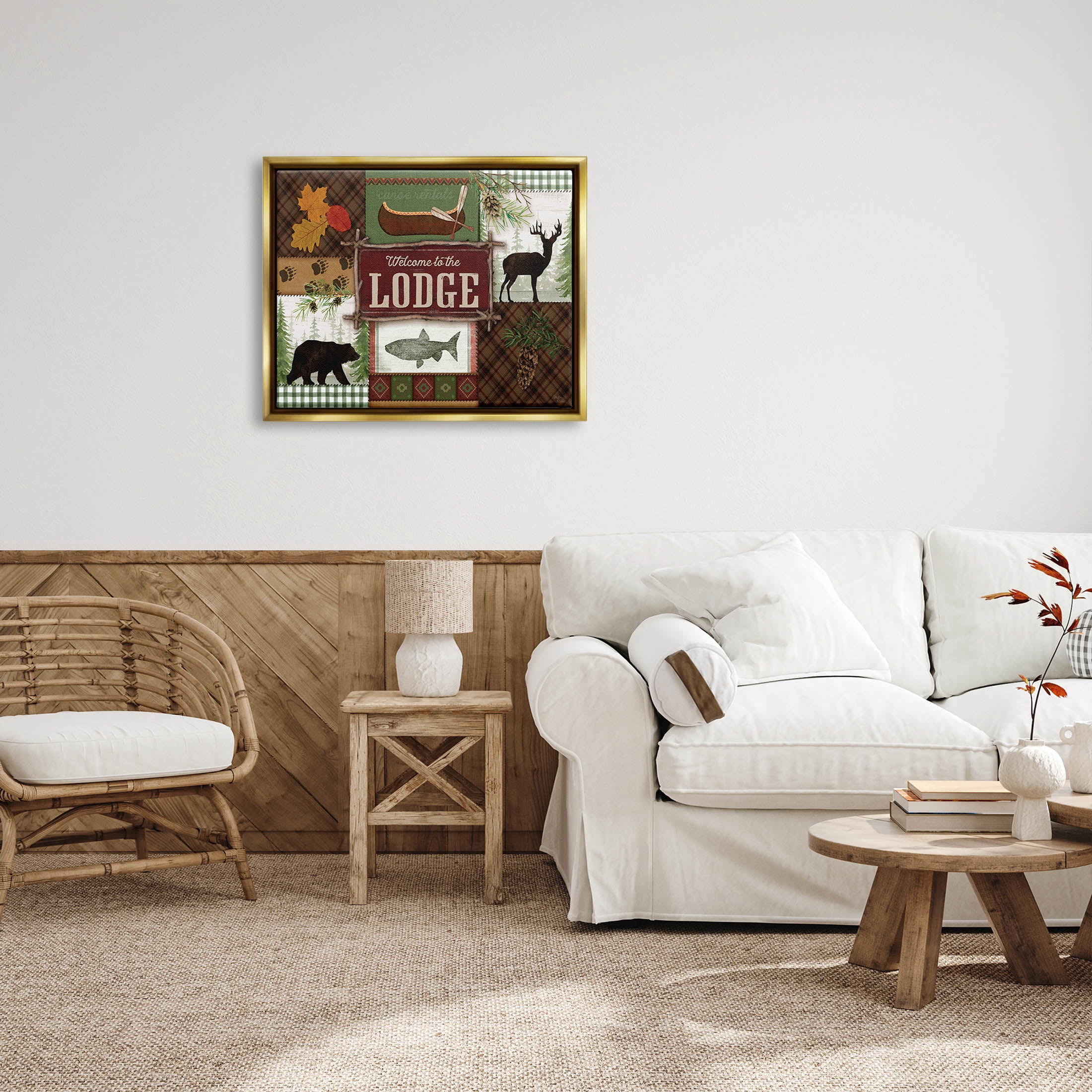 Welcome Lodge Plaid Wildlife Sign Animals & Insects Graphic Art Metallic Gold Framed Art Print Wall Art