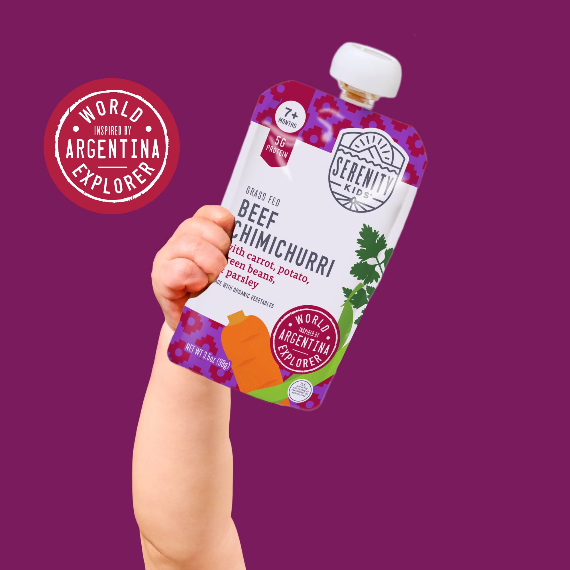 (12 pack) Serenity Kids World Explorer Grass Fed Beef Chimichurri with Organic Vegetables Stage 2 Baby Food Pouch - 3.5oz