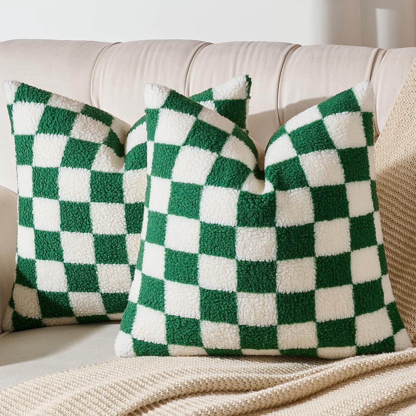 Lanola Pack of 2 Decorative Throw Pillow Covers Checkerboard Luxury Super Soft Faux Fur Wool Set Case Cushion for Couch Sofa Bedroom 18 x 18-Inch Camel