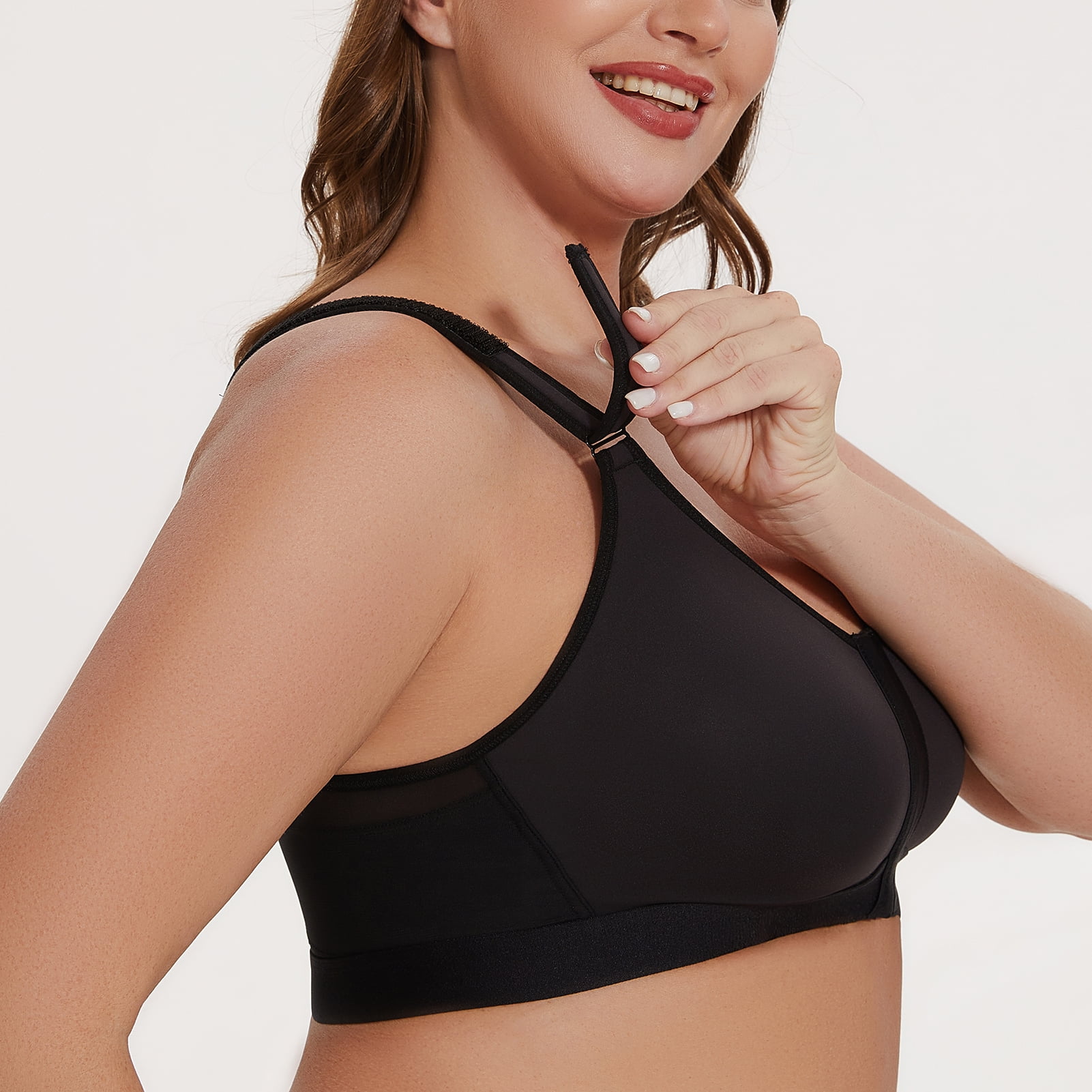MELENECA Women's Front Closure Wirefree Post Surgery Plus Size Back Support Posture Bra Black 40C