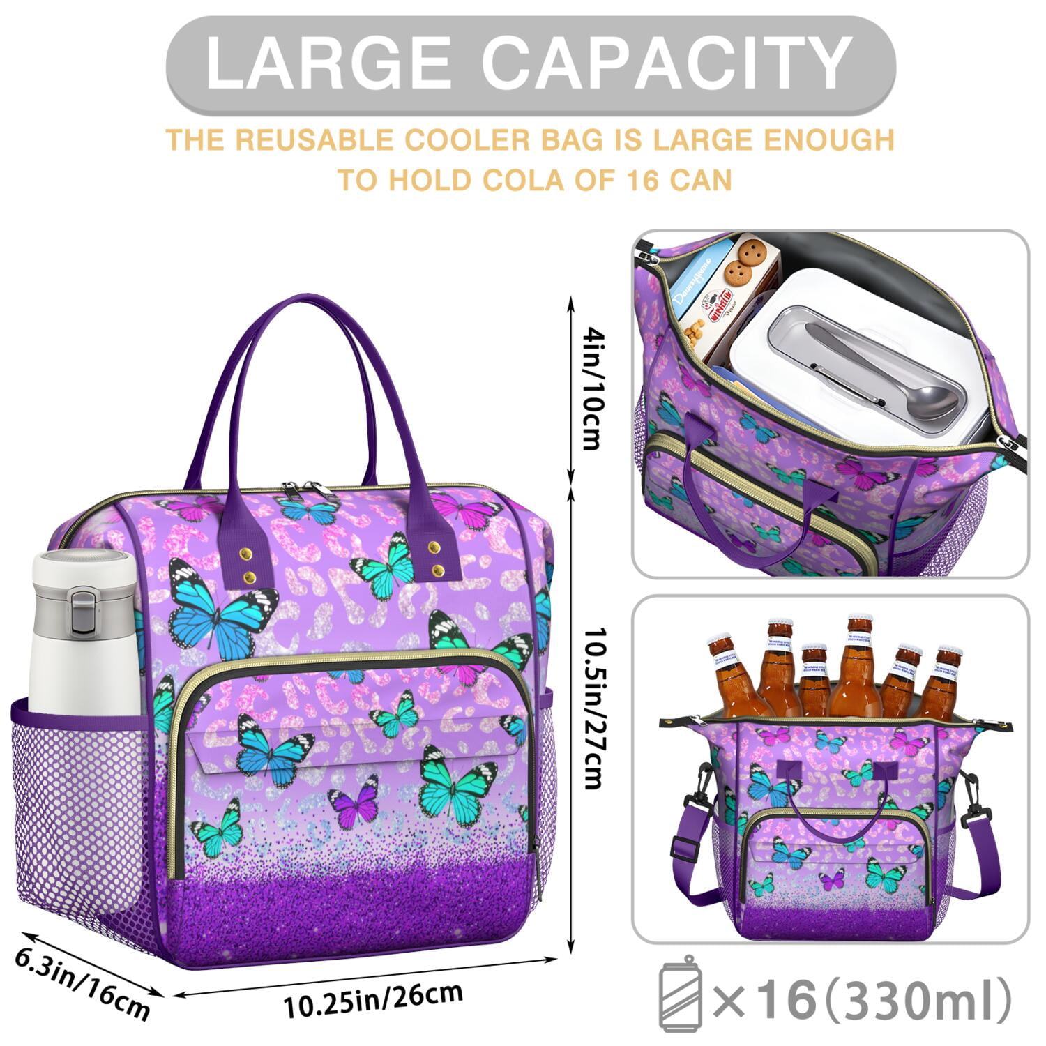 Butterflies Lovers Artistic Lunch Tote – Insulated Leakproof Large Cooler Bag with Colorful Floral Patterns, Dual Compartments for Outdoor or Office