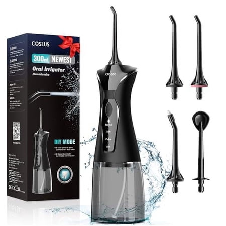 COSLUS Water Dental Flosser Pick for Teeth: 4 Modes Cordless Portable 300ML Larger Tank Water Teeth Cleaner IPX7 Waterproof Oral Irrigator Professional Flossing Cleaning Picks for Home Travel FC5360