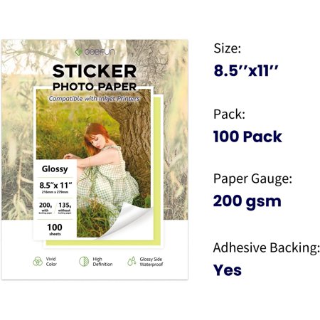 Glossy Sticker Paper for Inkjet Printer, Self-Adhesive Printable Photo Paper 8.5 x 11, 100 Sheets$$Office