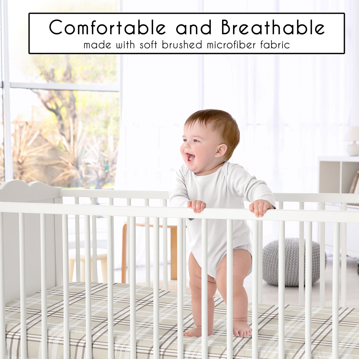 Sweet Jojo Designs Gingham Taupe Plaid Boy, Girl, Unisex/Gender Neutral Fitted Crib Sheet