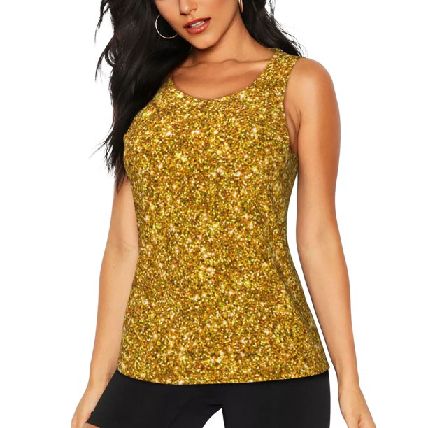Fotbe Gold Glitter Blusas Sin Mangas para Mujer – Estilo Casual, Corte Suelto, Slim-Fit, Cuello Redondo Deportivo, Tops de Verano para Gimnasio y Yoga-X-Large