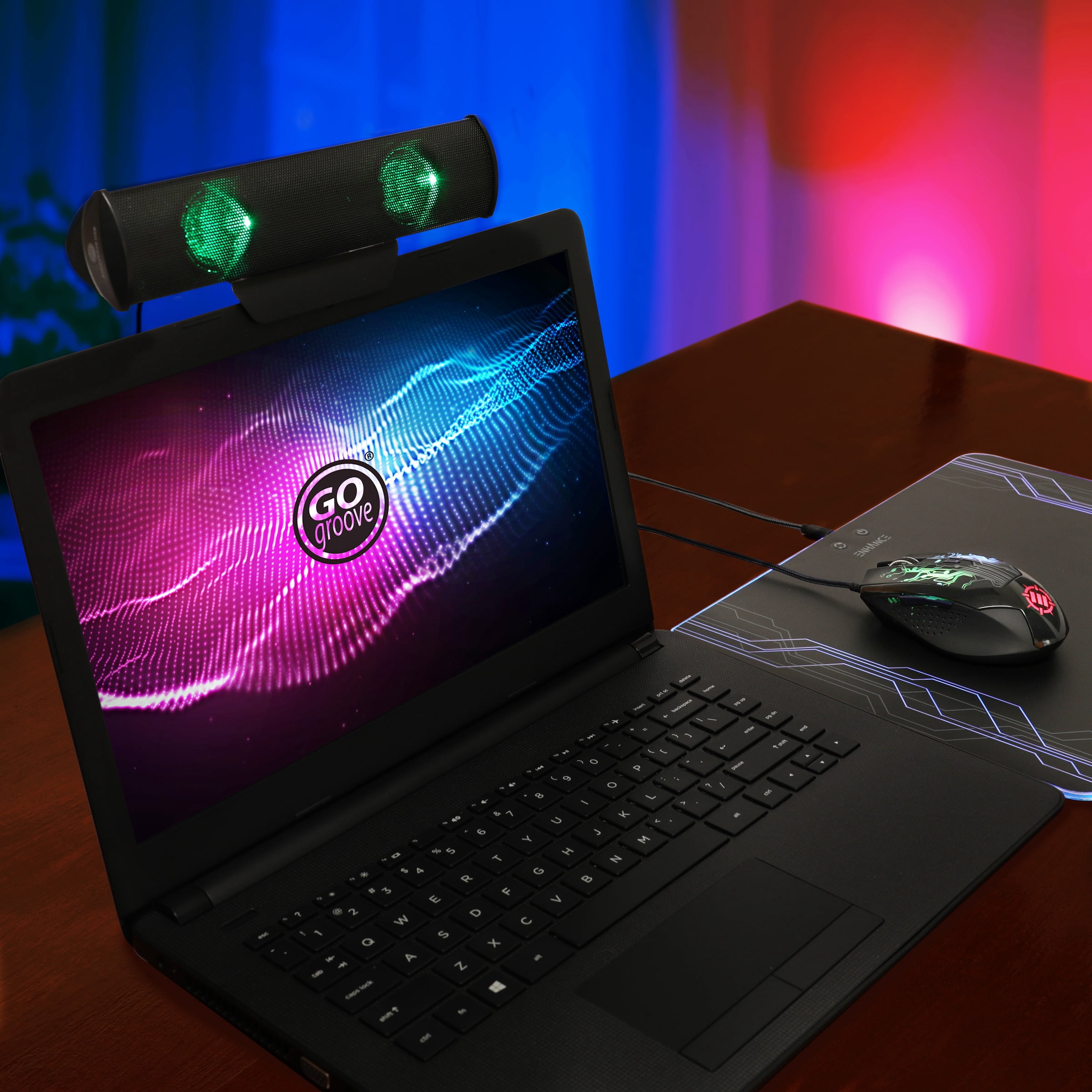 GOgroove SonaVERSE LED Speaker for Laptop Computer - USB Powered Clip-on Sound Bar with Mini Portable External Speaker Design for Monitor, Back Switch for Power - Audio Input and Power (Green)
