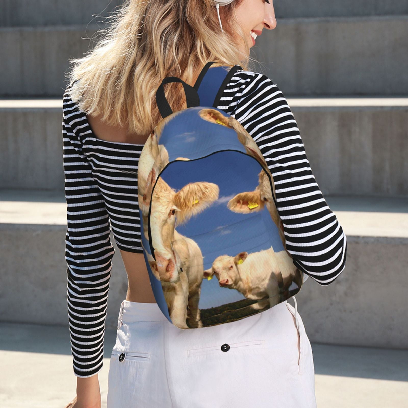 Picia Cows Cattles Printed Canvas Daypack - Stylish and Durable Vintage Compact Backpack - Class, Work, Travel, or Laptop Bookbag,Organized Compartments-Medium