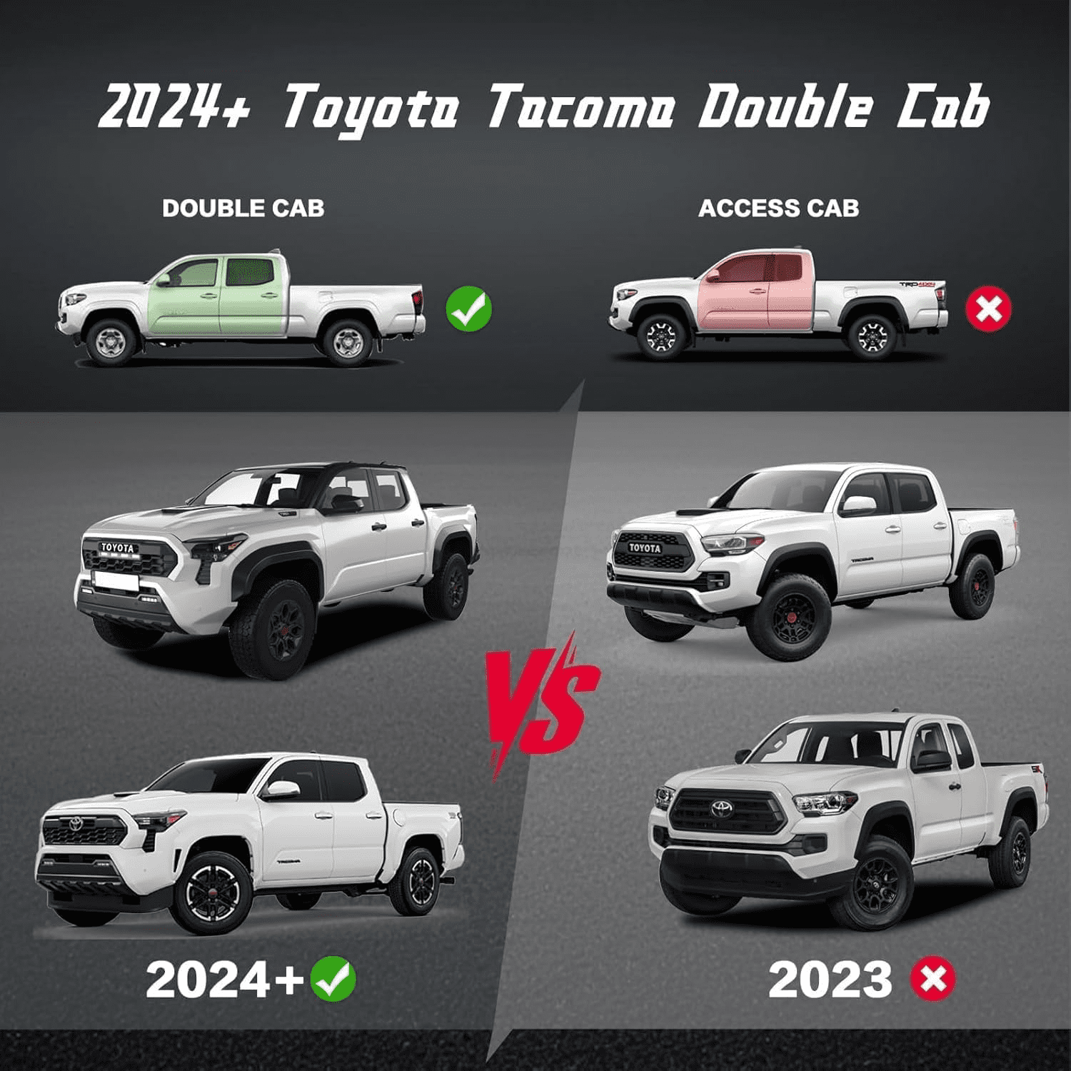TPA Running Boards & Side Steps for 2024 2025 2026 Toyota Tacoma Double/Crew Cab (4 Full Size Doors) Black Carbon Steel Rails Nerf Bars