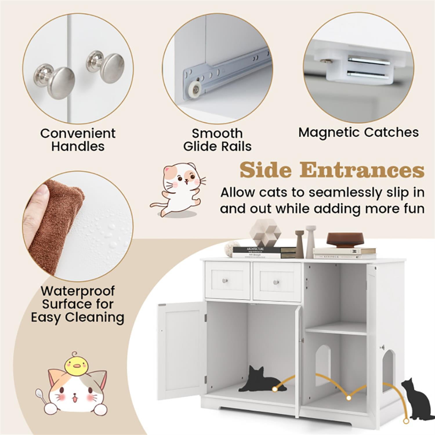 resenkos 40" Cat Litter Box Enclosure with 2 Drawers and 3 Doors, Hidden Litter Box for Cats, Cat House Furniture for Side Table or Nightstand, White